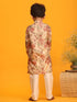 Boy's Beige Floral Printed Kurta Pyjama Set